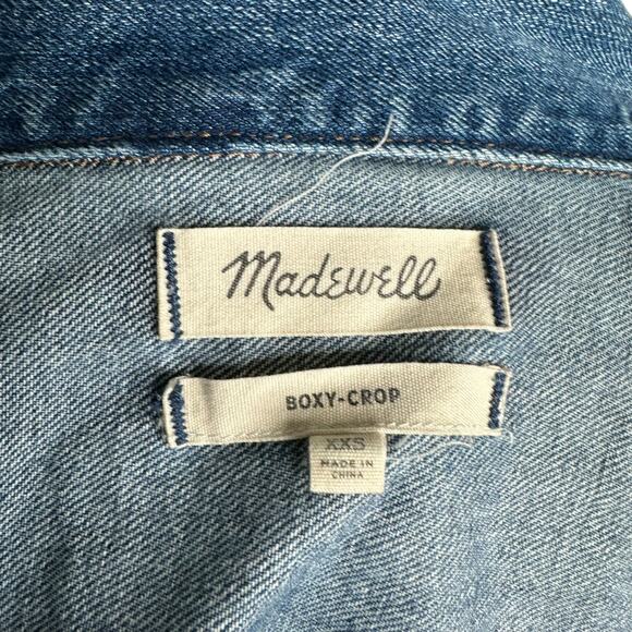 MADEWELL Boxy Crop Distressed Blue Denim Jacket Women's Size XXS Splatter Chic - Picture 6 of 7